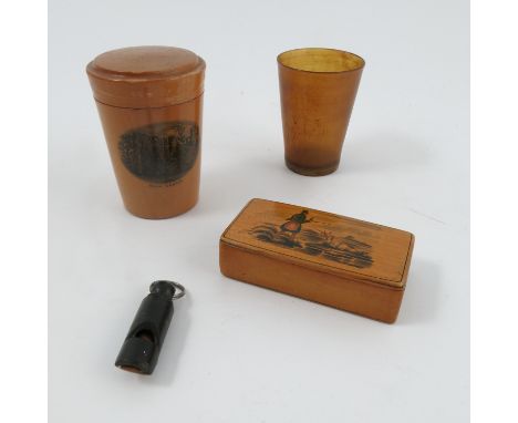 A Mauchlin ware glass holder, printed with a view of Clun Castle, together with a snuff box printed with a shooting scene, a 