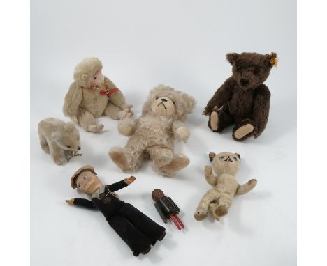 A modern Steiff teddy bear, together with a Steiff lamb and bear, a Nora Wellings Viking II sailor doll, other teddies, bisqu