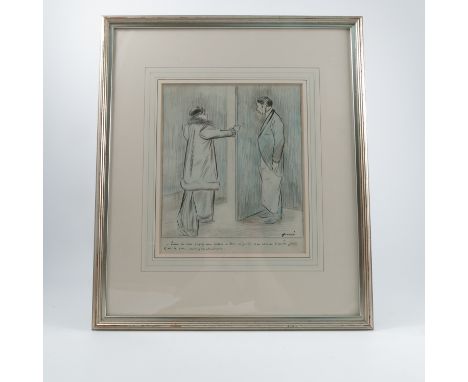 J L Forain, pencil sketch, figures with open door, text below, 11ins x 9ins, together with Tom B ink drawing, I Would Endeavo