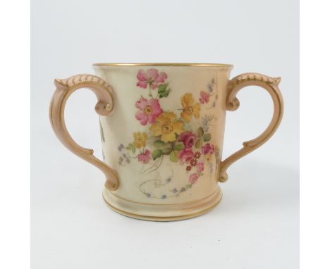 A Royal Worcester blush ivory three handled loving mug, decorated with floral sprays, dated 1903, height 5ins Condition repor