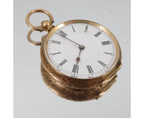 A fob watch, the white enamel dial with black Roman numerals and hands, the four piece hinged case with gilt metal cuvette, h