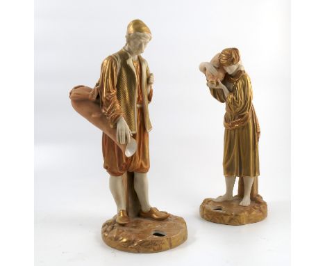 A pair of Royal Worcester figures, of Eastern water carriers, decorated in gilt and shot silk, (pedestal missing), circa 1912