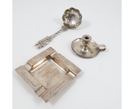 A silver miniature chamberstick, with bead edge, London 1899, together with a continental silver sifting spoon, the finial fo