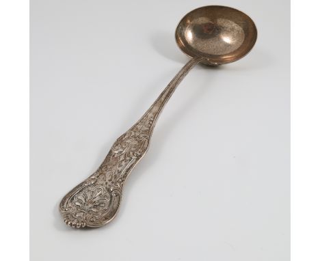 A Victorian silver Queens pattern soup ladle, engraved with a crest, London 1861, maker The Portland Co (Francis Higgins III)