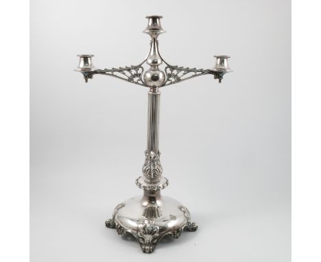 A silver plated three light candelabrum, having two pierced branches, reeded column moulded with leaves to the lower section,