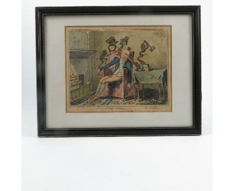After Cruickshank, coloured engraving, The Head Ache, 8.5ins x 10ins, together with An Irish Epitaph, 9ins x 13ins, Unlawful 