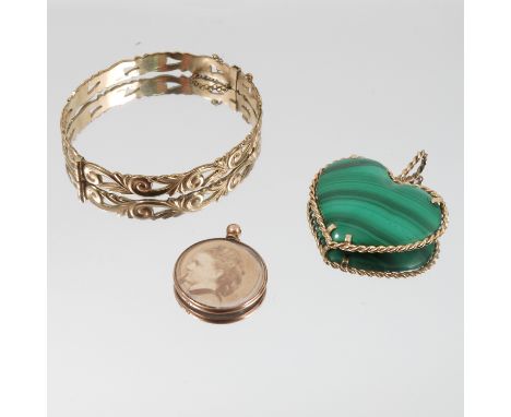 A malachite heart shaped pendant, a 9 carat gold Edwardian picture pendant, and a gilt metal hinged bangle