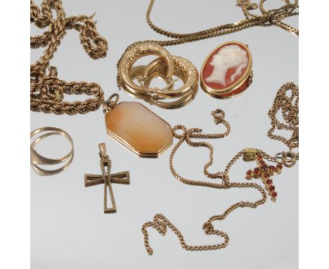 A quantity of chains, earrings, a ring, two cross pendants and other items, 35g gross