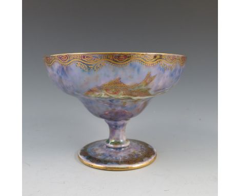 A Wedgwood lustre melba cup, decorated with fish to a mottled ground, height 3ins Condition report: scratch to decoration on 