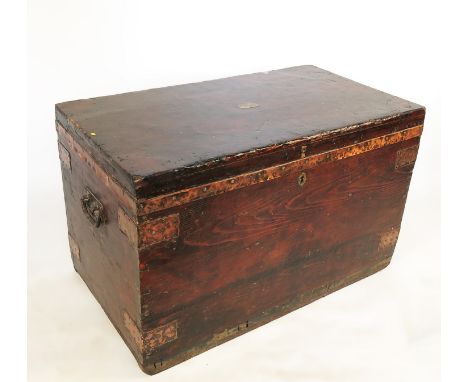 A travelling campaign trunk, having copper banding with brass plaque E. Sawyer R.N, width 37ins, depth 27ins, height 23ins