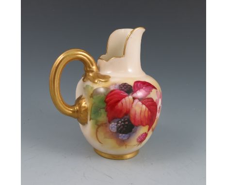 A Royal Worcester flat back jug, hand painted with autumn berries and leaves, signed K Blake, with reeded gilded handle, shap