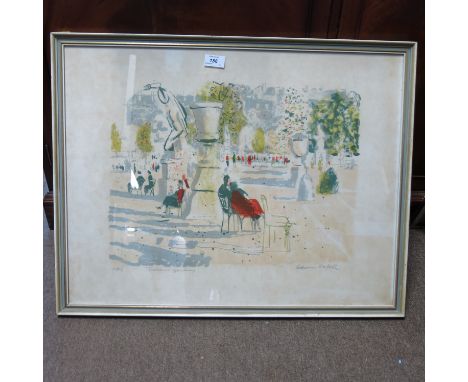 Edwin Ladele, limited edition colour print, Tuilam Gardens, figures seated in a square, 20ins x 25.5ins
