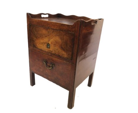 A late Georgian mahogany tray top commode, with carrying handle apertures, having a cupboard below with rising flap front, wi