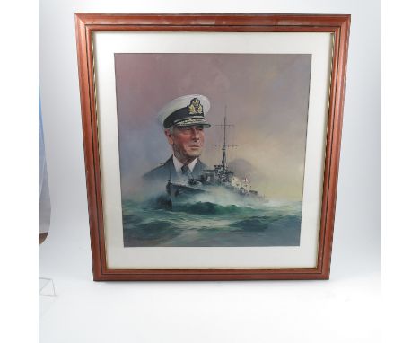 Michael Turner, watercolour, portrait of Lord Mountbatten and warship, 19ins x 18ins (D)