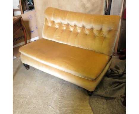 A deep buttoned back sofa, together with a similar arm chair   Condition report:  Upholstery on both faded and saggy. Knocks 