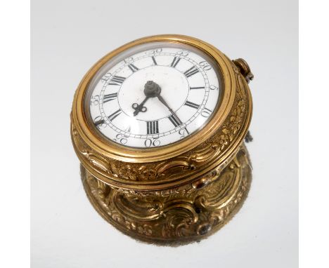 Mandaube, London, a gilt metal repousse pair case pocket watch, the white enamel dial with black Roman numerals, outer minute