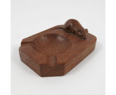 A Robert Mouseman Thompson oak ashtray, carved with a mouse