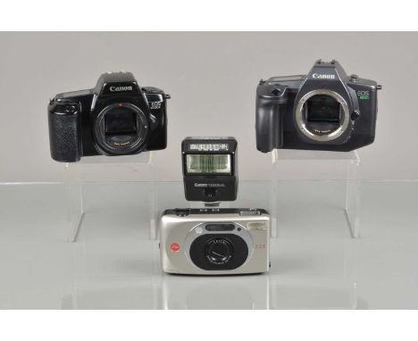 Three 35mm Cameras, a Canon EOS 600 &amp; 1000F body, both power up, shutters working, EOS 600 flash working, bodies G-VG, wi