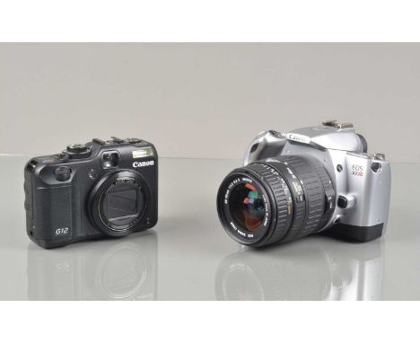 Two Canon Cameras, a Canon EOS 300v, powers up, shutter working, flash working, body VG, with Sigma 28-80mm f/3.5-5.6 II Macr