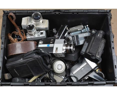 A Crate of 8mm Cine Cameras, manufacturers include Yashica, Bell &amp; Howell, Sanko, Sekonic, Halina and other examples, all