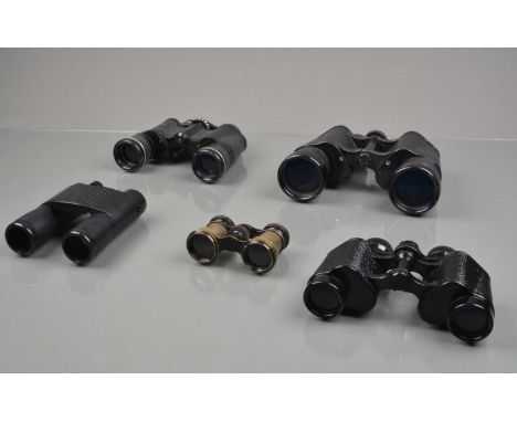 Five Pairs of Binoculars, a pair of Dollond Standard 8x30, G, ECO Popular 7x50, g, Pathescope 7x35, F-G, Sourse compact binoc