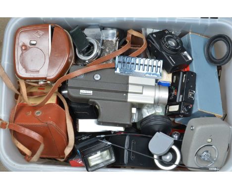 A Box of Camera Related Items, including camera body parts, light meters, filters, tubes, conversion lenses, 8mm cine cameras