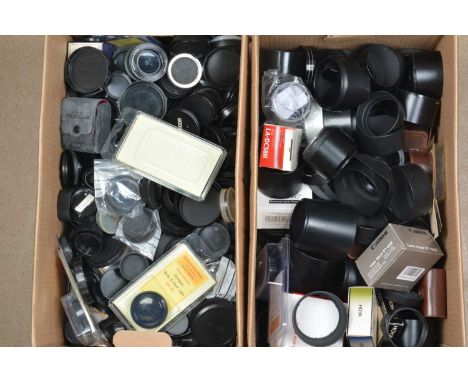 Three Boxes of Lens Caps-Hoods and Shop Displays, a box of front &amp; rear caps, branded &amp; unbranded, box of branded &am