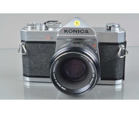 A Konica Auto reflex A3 SLR Camera, shutter working, meter unresponsive, body G-VG, with Konika Hexanon AR 50mm f/1.7 lens, b