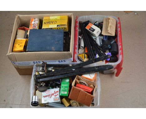Three Boxes of Camera Related Accessories, including flash units, light meters, out of date film stock, tripods, slide viewer