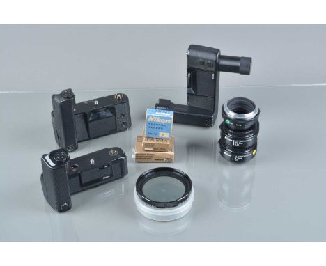 Nikkon Accessories, two TC-16A AF teleconverters, untested, a MD4 &amp; MD-15 motor drive, untested, three focus screens, in 