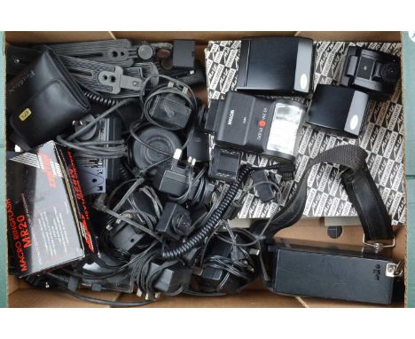 Flash Units and Accessories, including Olympus flash units (3), Wotan VS-250 flash, Metz camera brackets (9), Metz SCA 3102 M