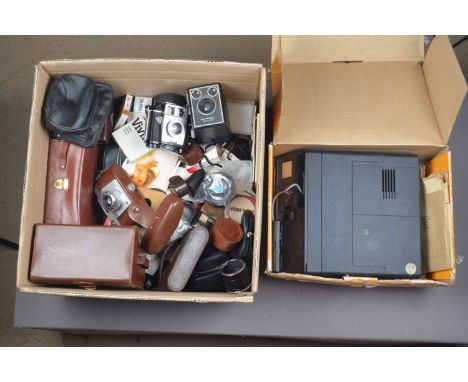 A Box of Camera Related Items, including an Agfa Isolette, G, Silette, G, Brownie Twin 20, Rollei P360 slide projector, G, Ag