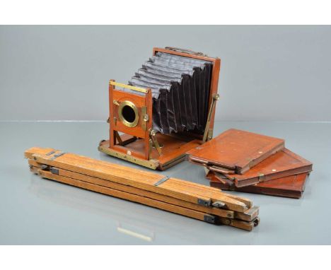 A Mahogany &amp; Brass Half Plate Camera, Patent name inlay in bottom rail of front standard, some tarnishing to brass, doubl