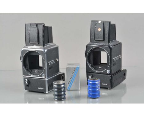 Two Hasselblad 500 EL/M Camera Bodies, one chrome, one black, untested, battery doors missing attaching clips, no film backs,