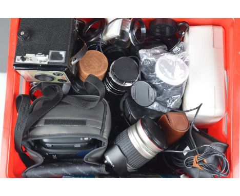 A Box of Camera Related Items, including lenses, a Pentacon MC 50mm ,Helious 58mm, Sigma Zoom 35-70mm, G, other lenses, Gosse