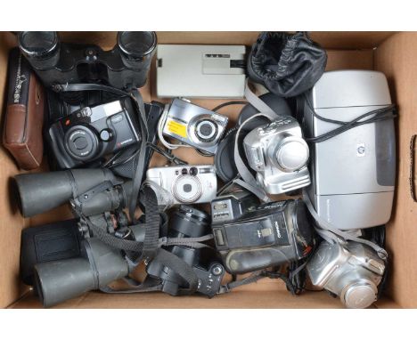 A tray of Various Cameras and Binoculars, including a Lumix DMC-F27, Fujifilm FinePix 2800Z (2), Chinon auto 3501, Canon Sure