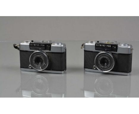 Two Olympus EE-3 Half Frame Cameras, shutters working, one with responsive light cell/aperture, red flag intermittent, other 