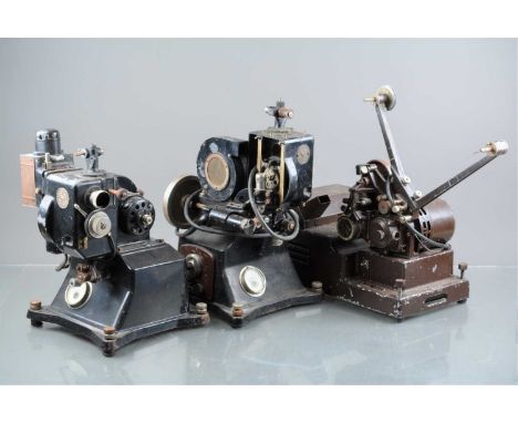 Three Pathe 17.5mm Film Projectors, a Pathescope LTD London England  Talkie sound projector, with integral valve amp, valves 