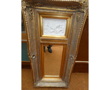 Gilt Framed Ornate Mirror with Inlaid Ceramic Panel and Stamp - 83cm h x 40cm (Including Frame, See Photos)