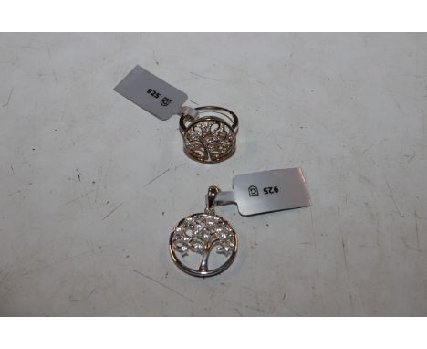 A Sterling silver and Zircon Tree of Life ring and pendant, ring size J/K