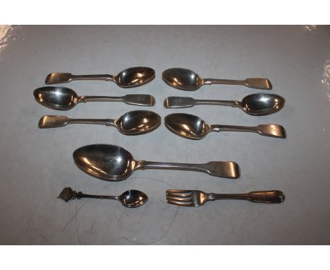 Six silver spoons, one larger spoon, a silver fork, a white metal souvenir spoon marked 90 approx. total weight 420gms