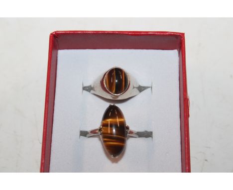 Two Hallmarked Sterling silver and tigers eye set rings, ring size M/N & K/L