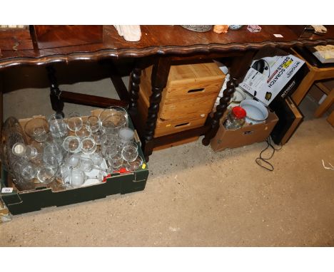 A box of miscellaneous table glassware, various pine boxes, record player - sold as a collector's item, tea ware, kitchenalia