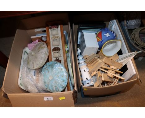 Three boxes of miscellaneous kitchenalia, wooden ware etc.