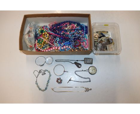 A box containing Oris pocket watch, ladies wrist watch, simulated pearl necklace, various coinage including &pound;5 coins, d