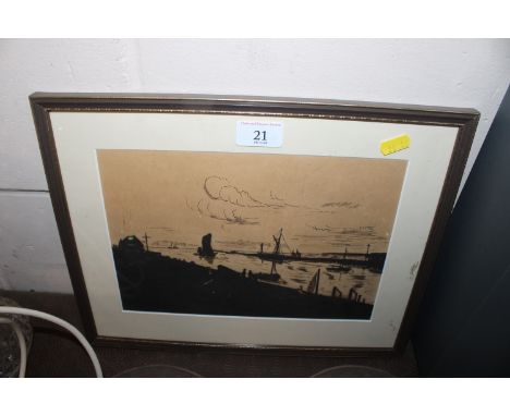 A scene of shipping in an estuary, etching 