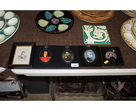 Five various miniature portrait paintings and prints - some damage 