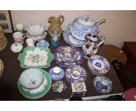 A large Victorian blue and white tureen on stand complete with ladle, various Victorian tea ware, a Victorian relief moulded 