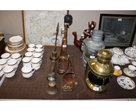 An antique copper and brass artillery bugle; a brass car horn; a brass patent torch, toasting fork, iron etc. 