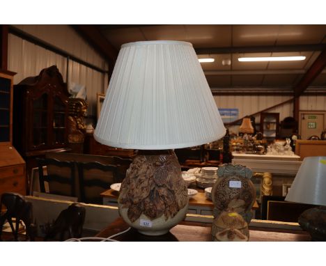 A large Bernard Rooke table lamp with leaf and owl decoration, complete with shade 